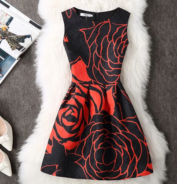 Casual Vintage Floral Print Dresses A Line High Waist