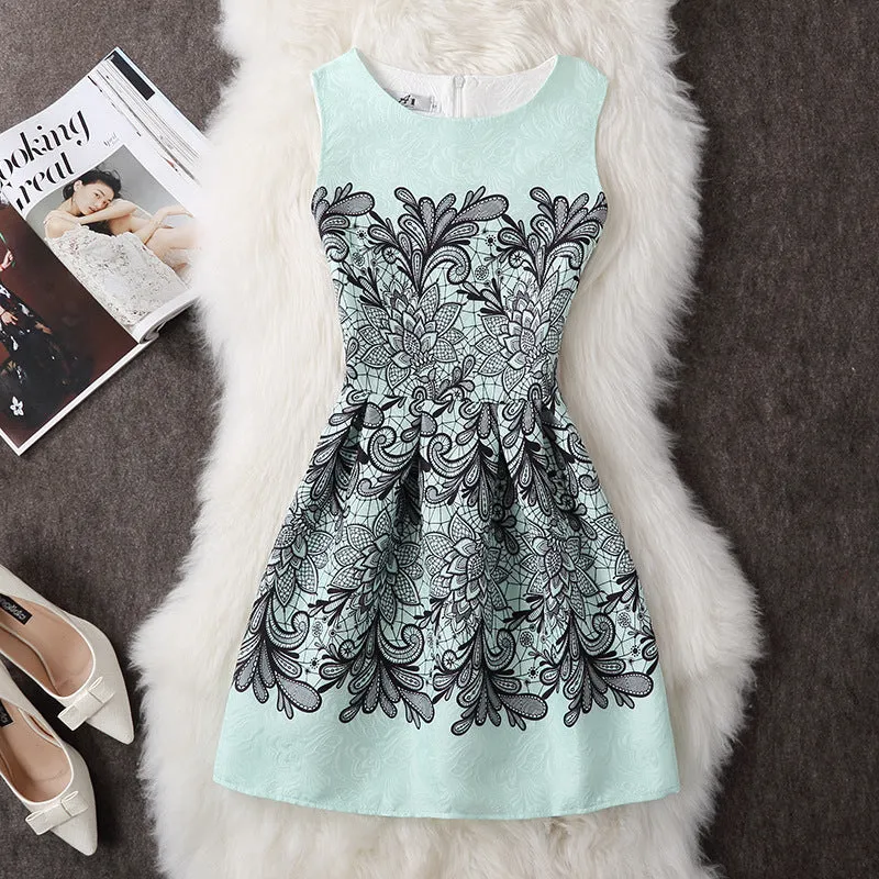 Casual Vintage Floral Print Dresses A Line High Waist