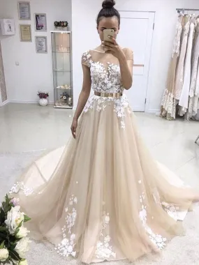 Champagne Round Neck Cap Sleeves Sweep Train Lace Prom Dress, Champagne Formal Dress, Wedding Dresses