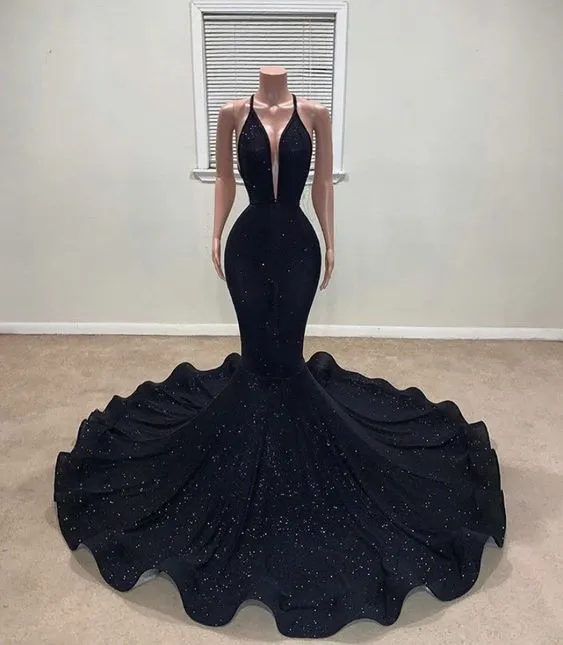 Charming Black Deep V-Neck Mermaid Prom Dresses SH638