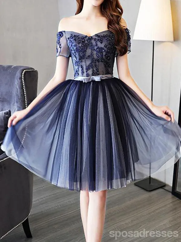 Cheap Off Shoulder Short Sleeve Navy Homecoming Dresses 2018, CM456