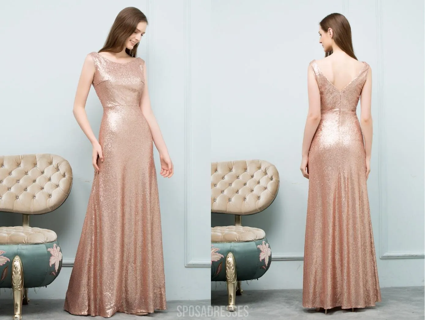 Cheap Sparkly Floor Length Mismatched Gold Sequin Bridesmaid Dresses, WG547