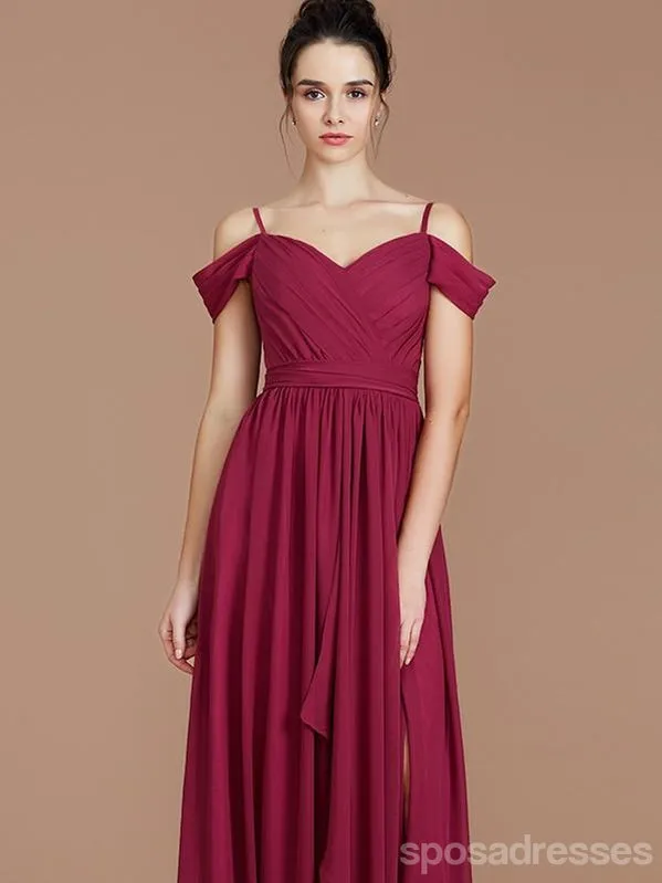 Chiffon Dark Red Spaghetti Straps Long Cheap Bridesmaid Dresses Online, WG676