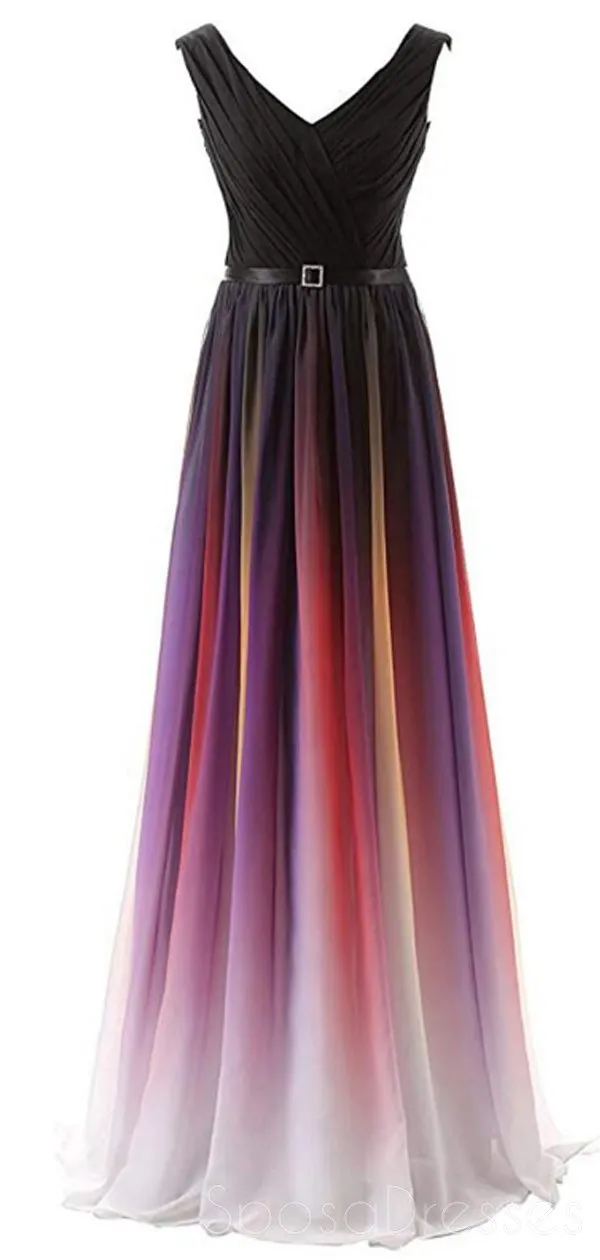 Chiffon Ombre V Neck Long Evening Prom Dresses, Custom Cheap Sweet 16 Dresses, 18391