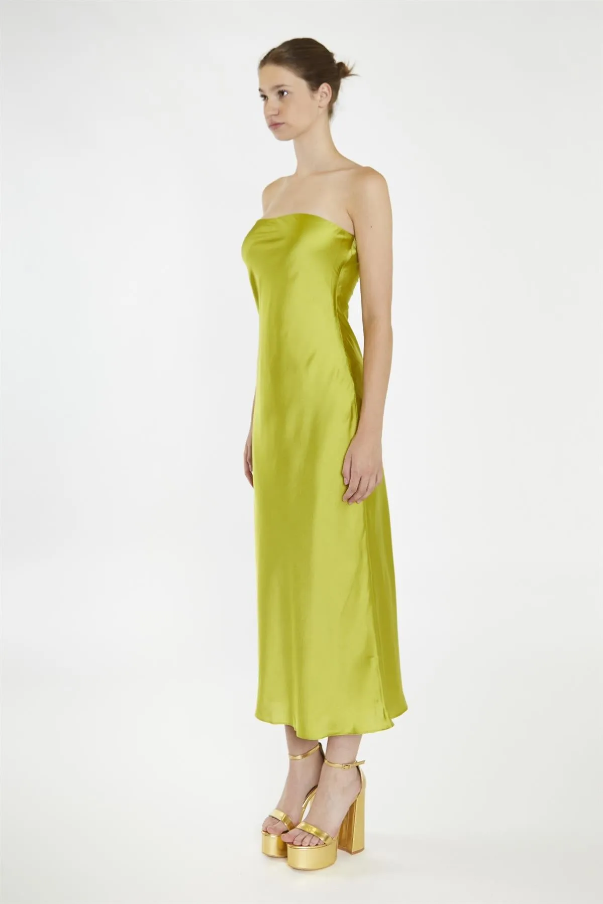 Citrus-Green Strapless Bias-Cut Midaxi-Dress