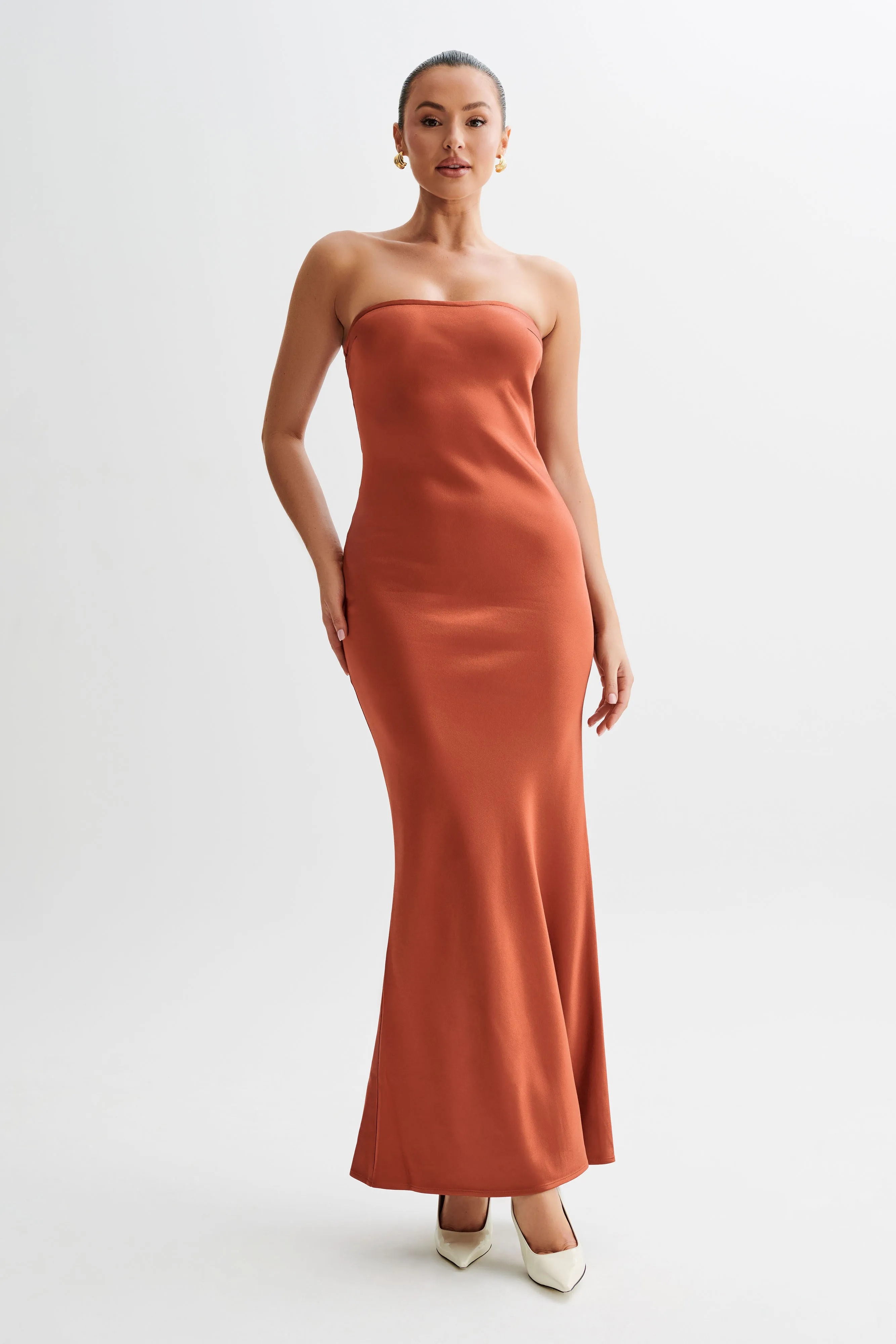 Claudette Strapless Satin Maxi Dress - Burnt Orange