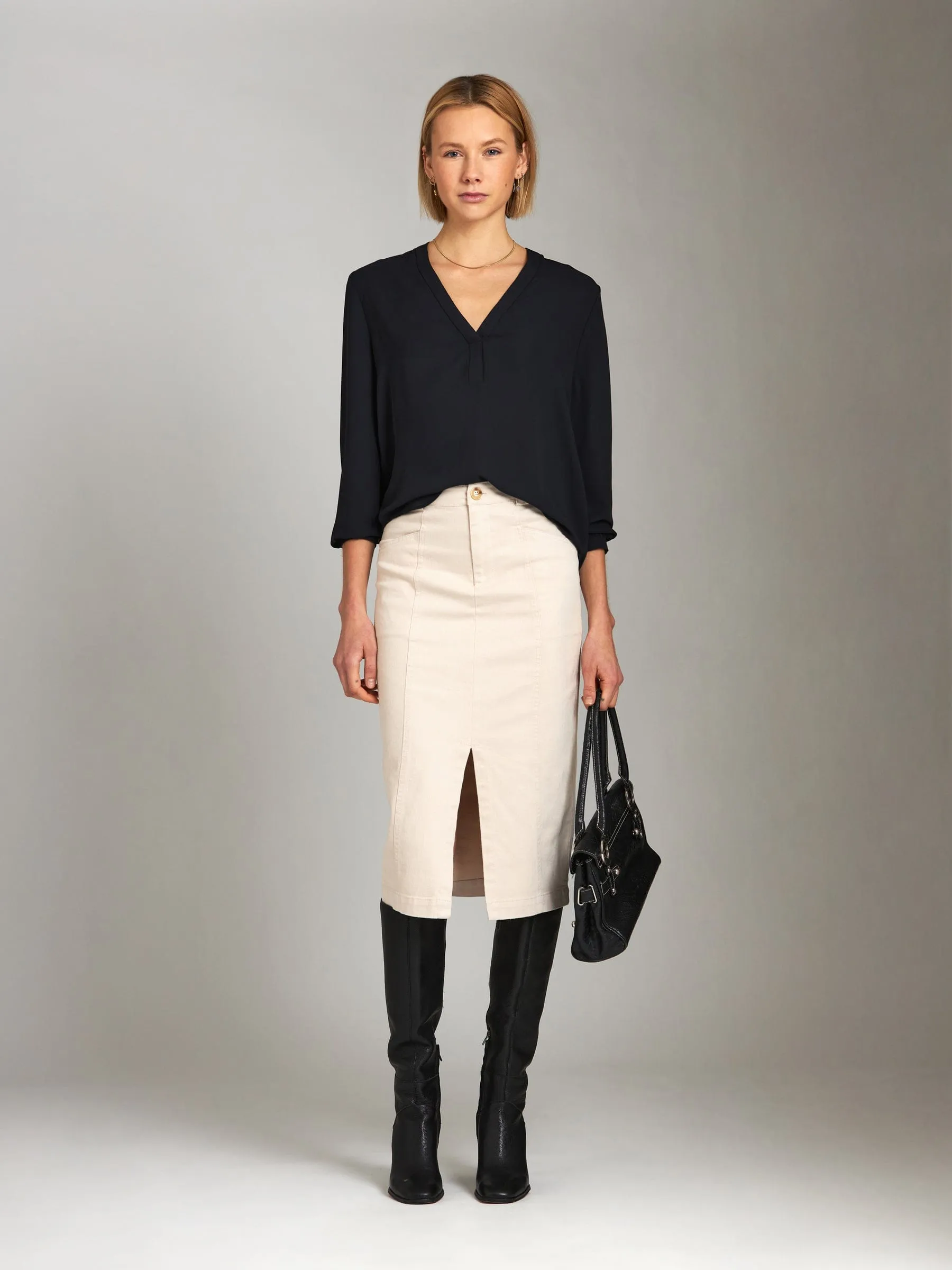 Cotton Twill Ira Pencil Midi Skirt - Pebble