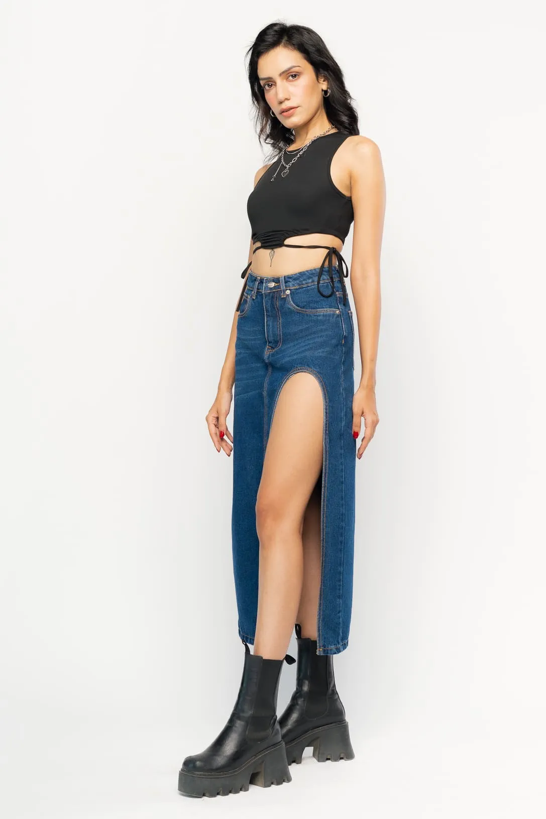 Curved Slit Denim Blue Midi Skirt