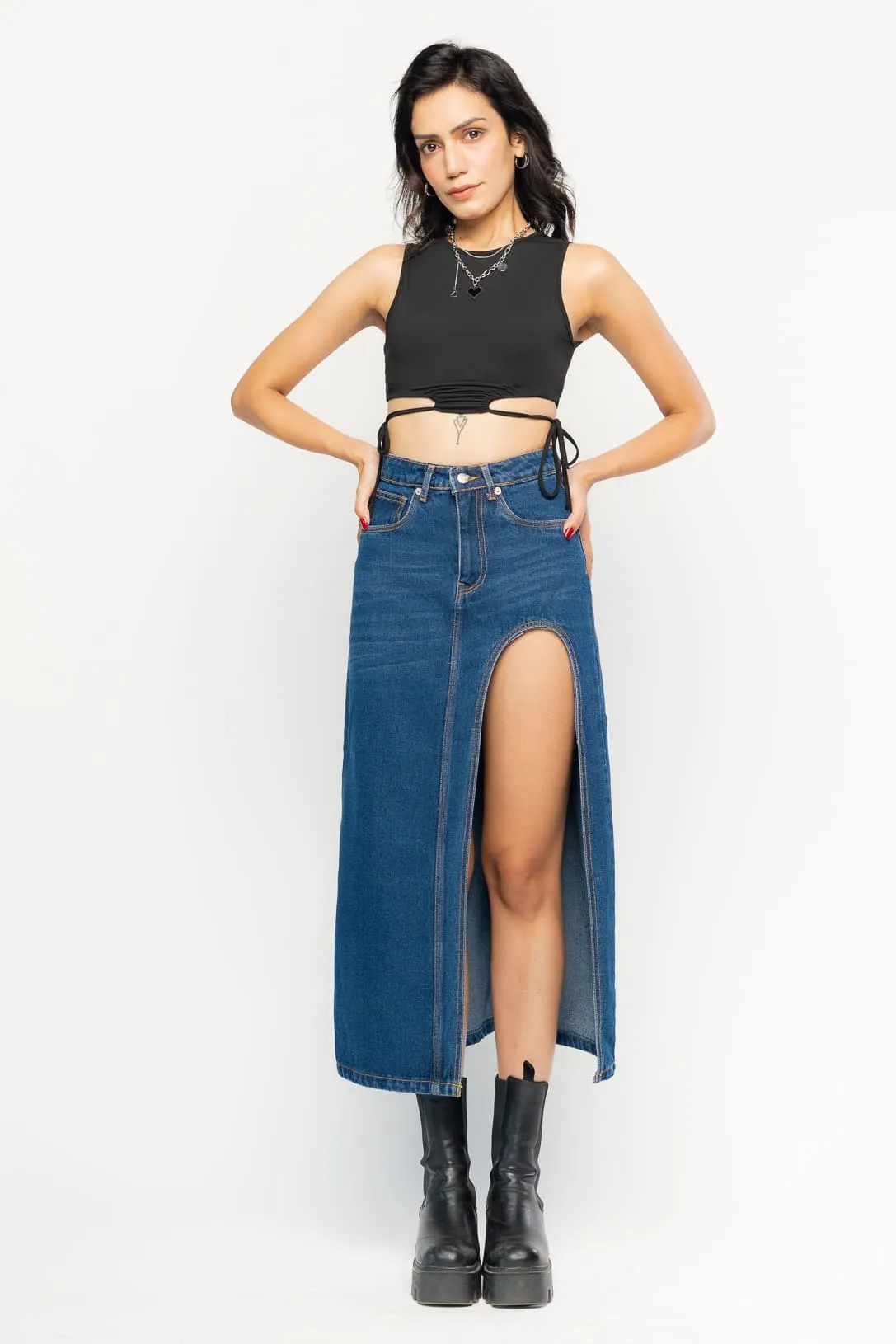 Curved Slit Denim Blue Midi Skirt