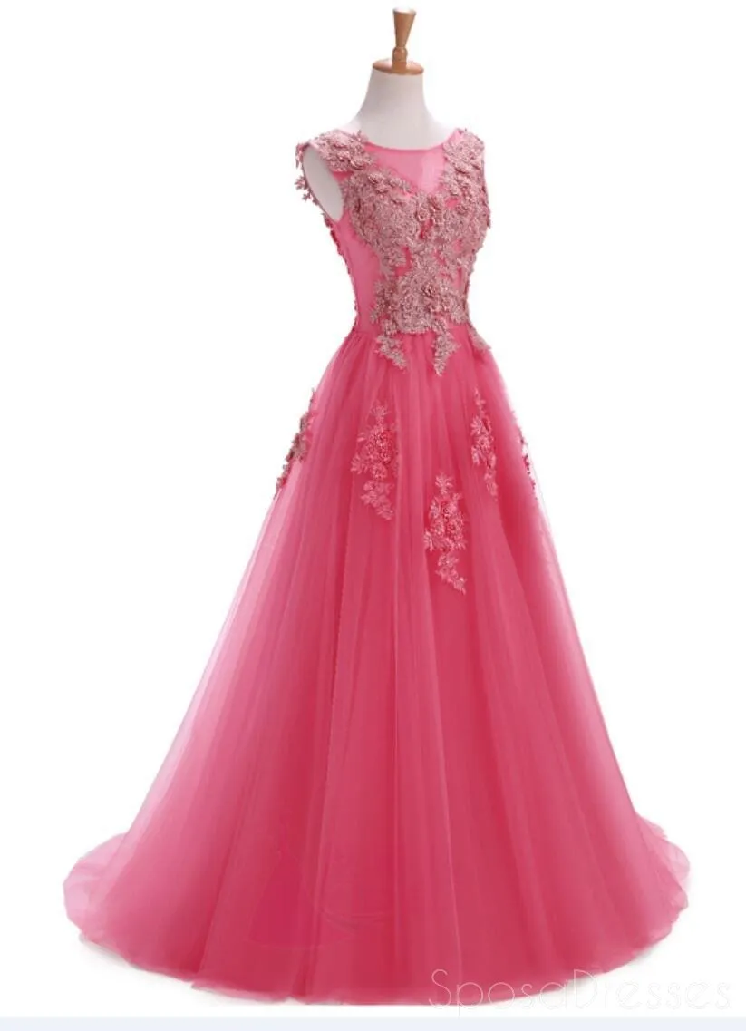 Custom Formal Pink Lace A-line Long Evening Prom Dresses, 17669