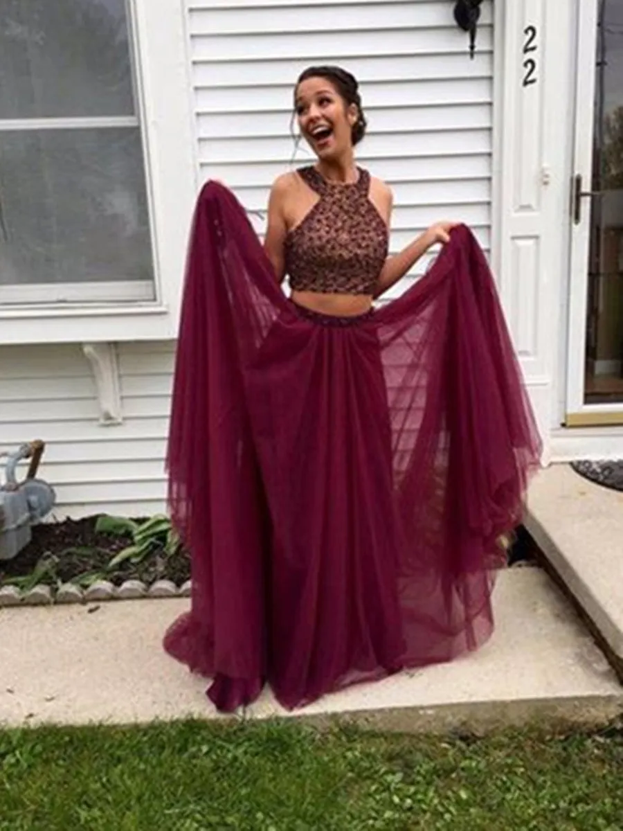 Custom Made A Line Round Neck 2 Pieces Maroon Prom Dresses, 2 Pieces Maroon Formal Dresses