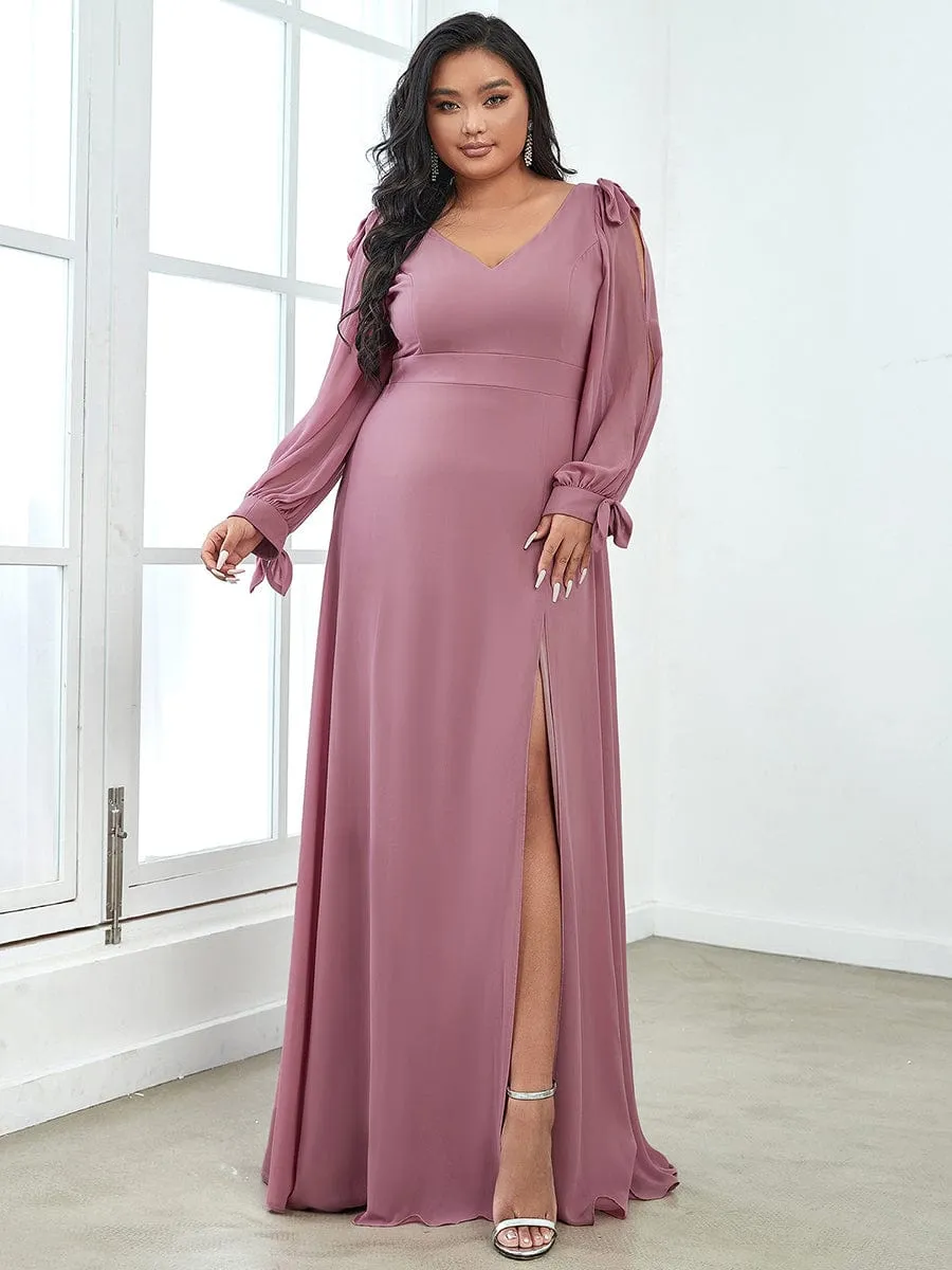 Custom Size Double V-Neck High Slit Long Sleeve Formal Dresses