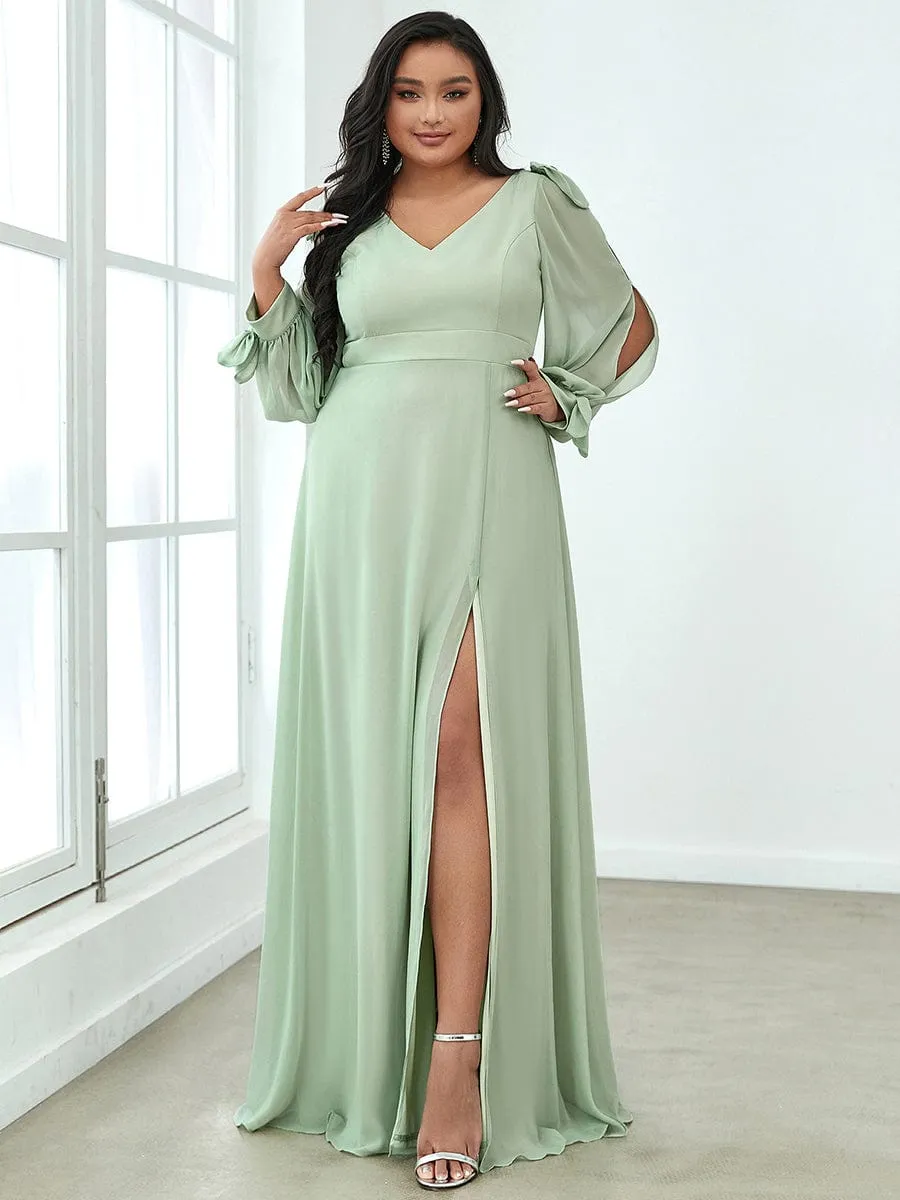 Custom Size Double V-Neck High Slit Long Sleeve Formal Dresses