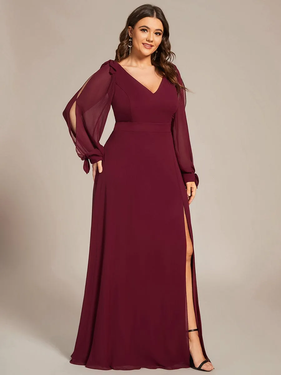 Custom Size Double V-Neck High Slit Long Sleeve Formal Dresses