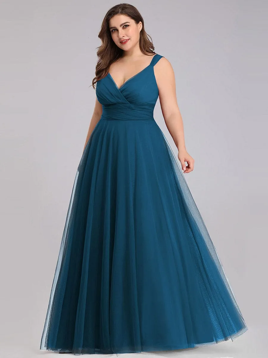 Custom Size Floor Length Double V Neck Tulle Bridesmaid Dresses