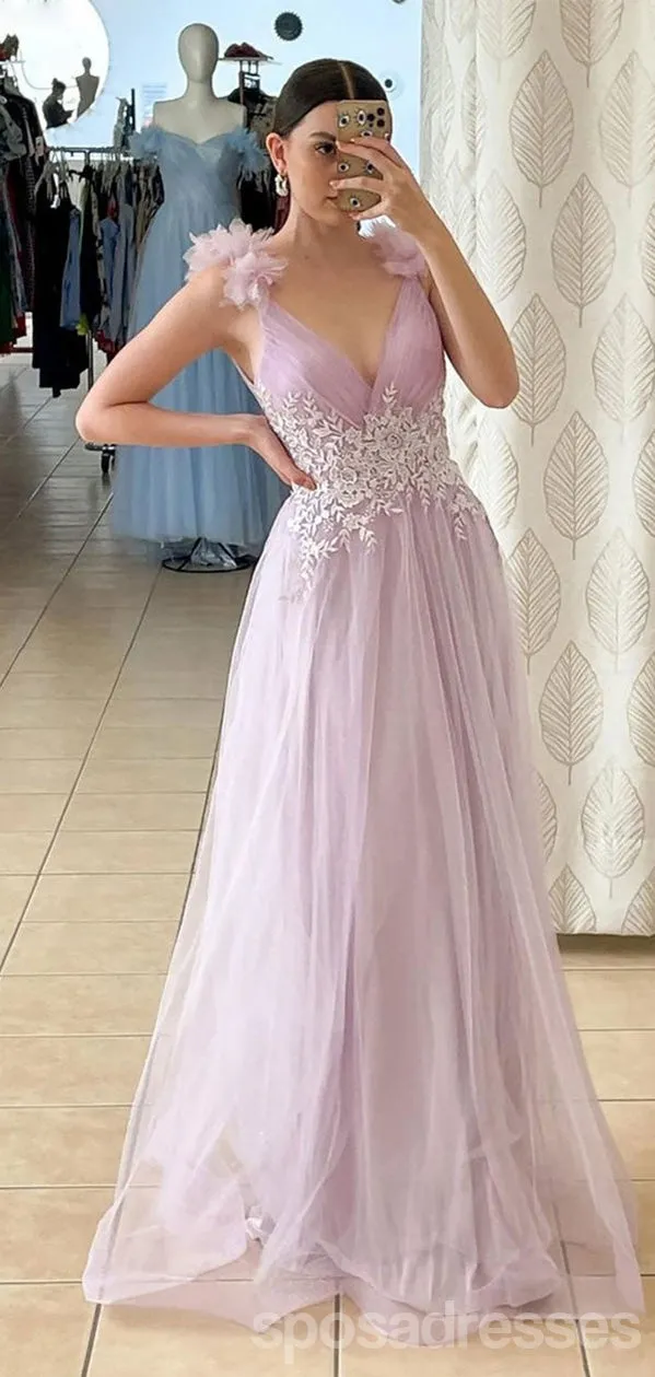 Cute Pink A-line V-neck Cheap Maxi Long Prom Dresses Online,13238