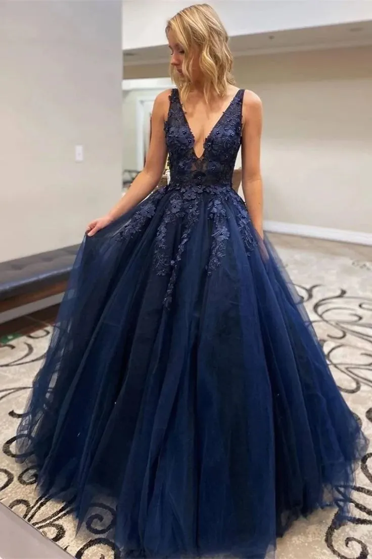 Dark Blue V Neck Lace Beaded Long Formal Prom Dresses SH795