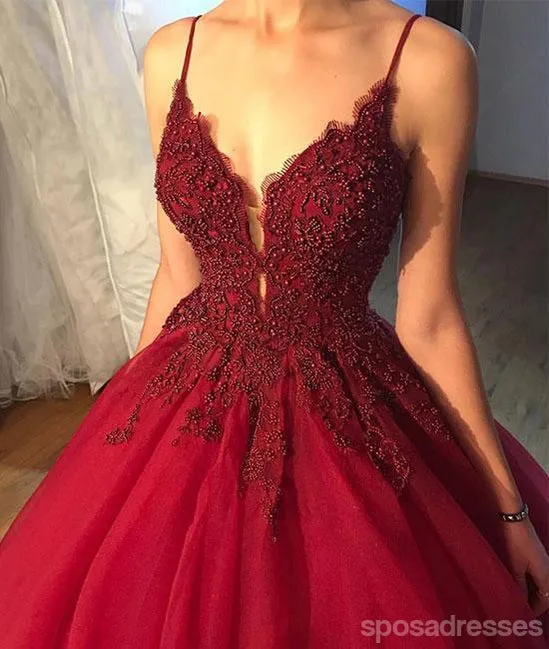 Dark Red A line Lace Beaded V Neckline Long Evening Prom Dresses, Long Party Prom Dresses, 17274