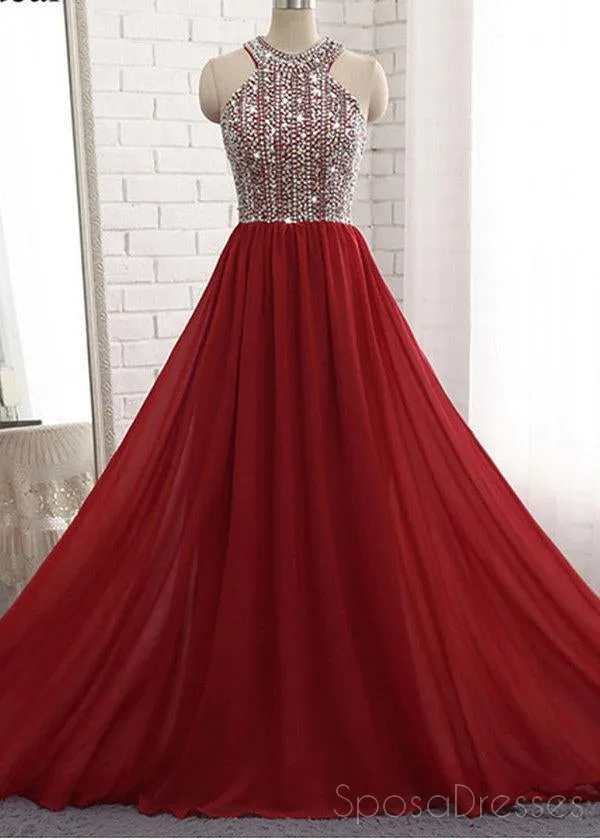 Dark Red Halter Chiffon Beaded A line Long Custom Evening Prom Dresses, 17416