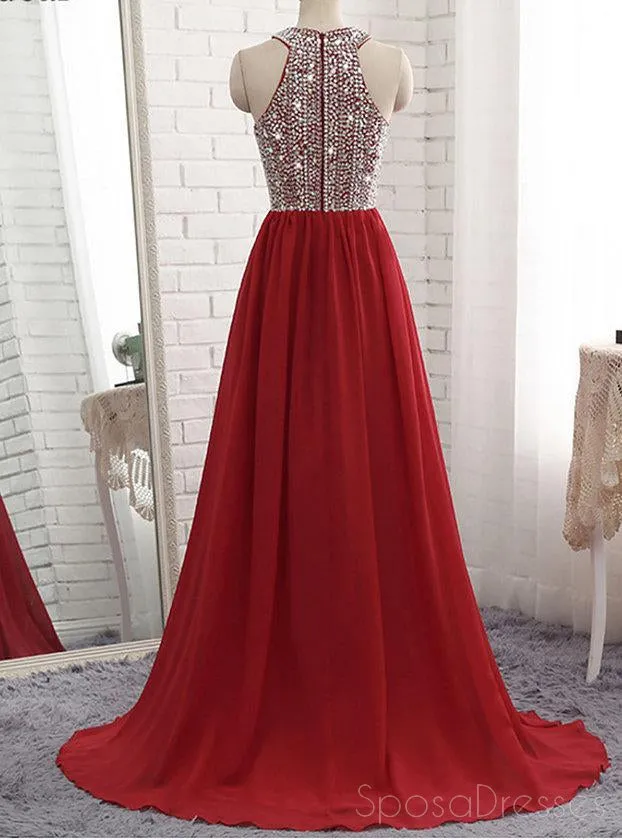 Dark Red Halter Chiffon Beaded A line Long Custom Evening Prom Dresses, 17416