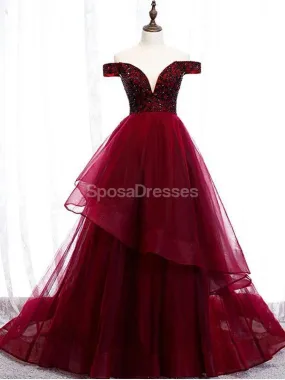 Dark Red Off Shoulder Ruffle Long Evening Prom Dresses, Evening Party Prom Dresses, 12217