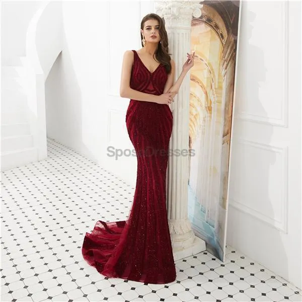 Dark Red V Neck Lace Rhinestone Beaded Evening Prom Dresses, Evening Party Prom Dresses, 12090