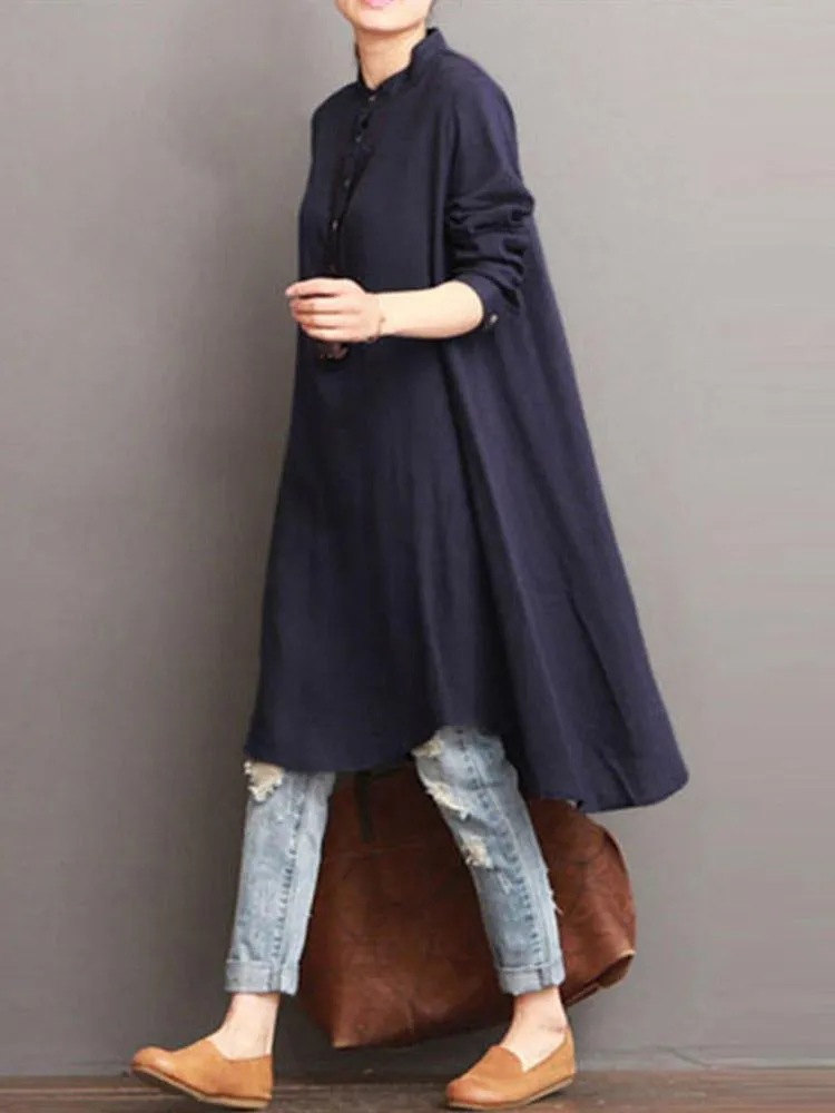 deanwangkt Women Button Down Baggy Blouse Casual Loose Asymmetric Shirt Dress