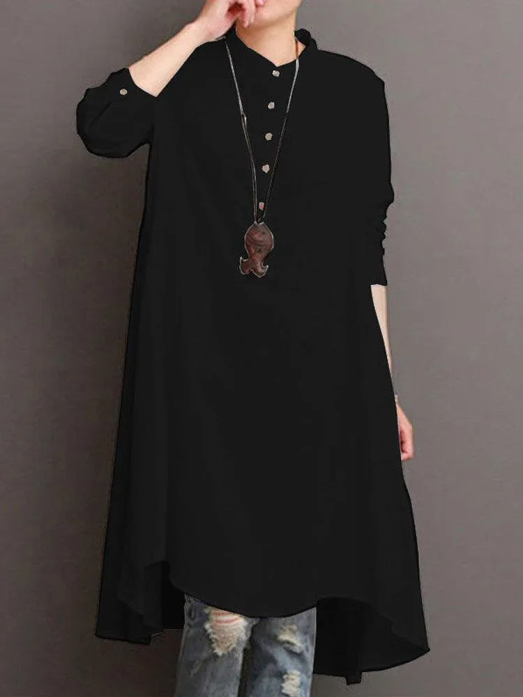 deanwangkt Women Button Down Baggy Blouse Casual Loose Asymmetric Shirt Dress