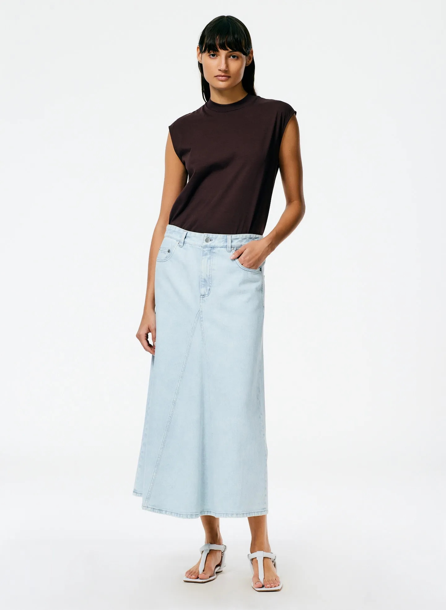 Denim Godet Midi Skirt