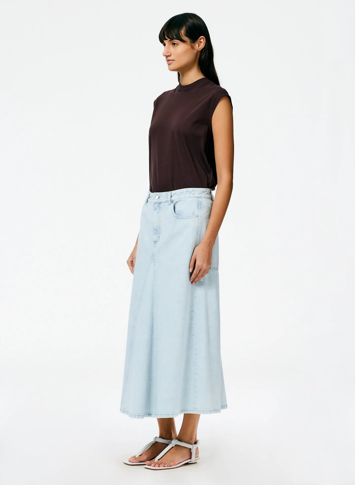 Denim Godet Midi Skirt