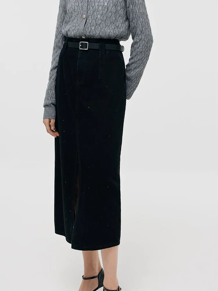 Denim Rhinestone Slit Women Skirt With Belt