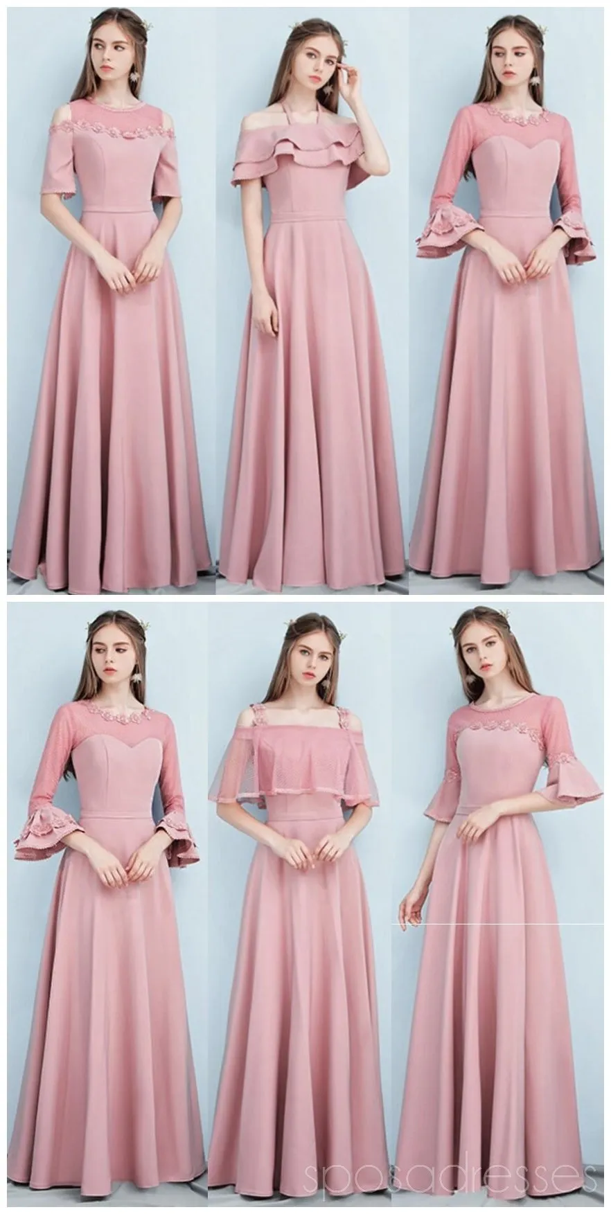 Dusty Pink Floor Length Mismatched Simple Cheap Bridesmaid Dresses, WG517