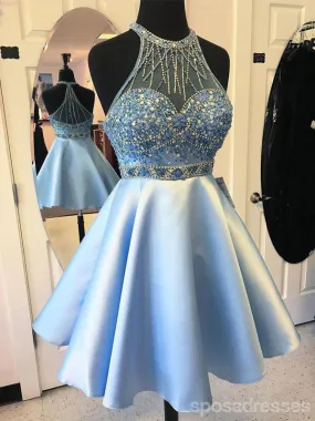 Elegant Blue Halter Beaded Cheap Short Homecoming Dresses Online, CM597