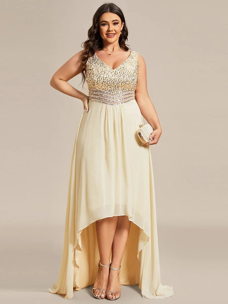 Elegant Paillette & Chiffon V-neck A-line Sleeveless Plus Size Formal Evening Dresses