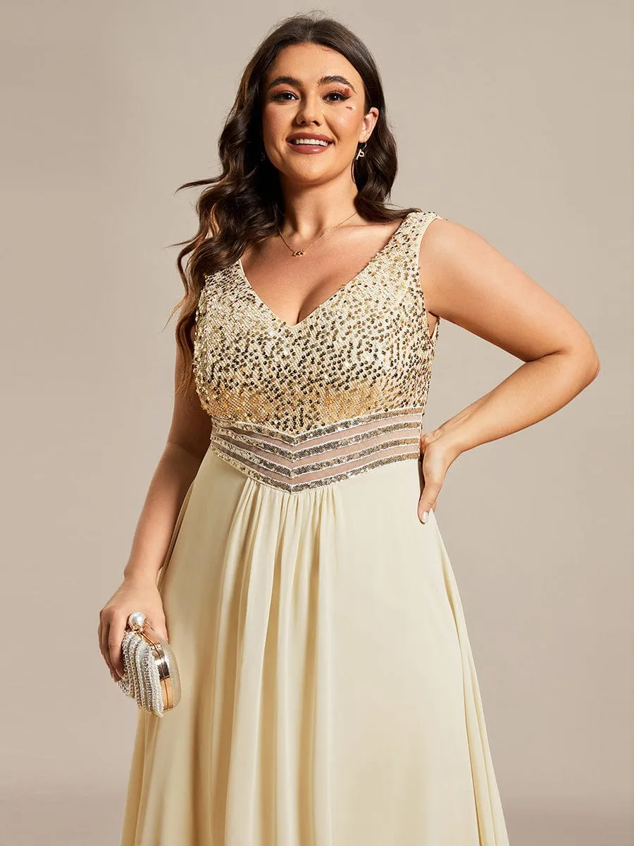 Elegant Paillette & Chiffon V-neck A-line Sleeveless Plus Size Formal Evening Dresses