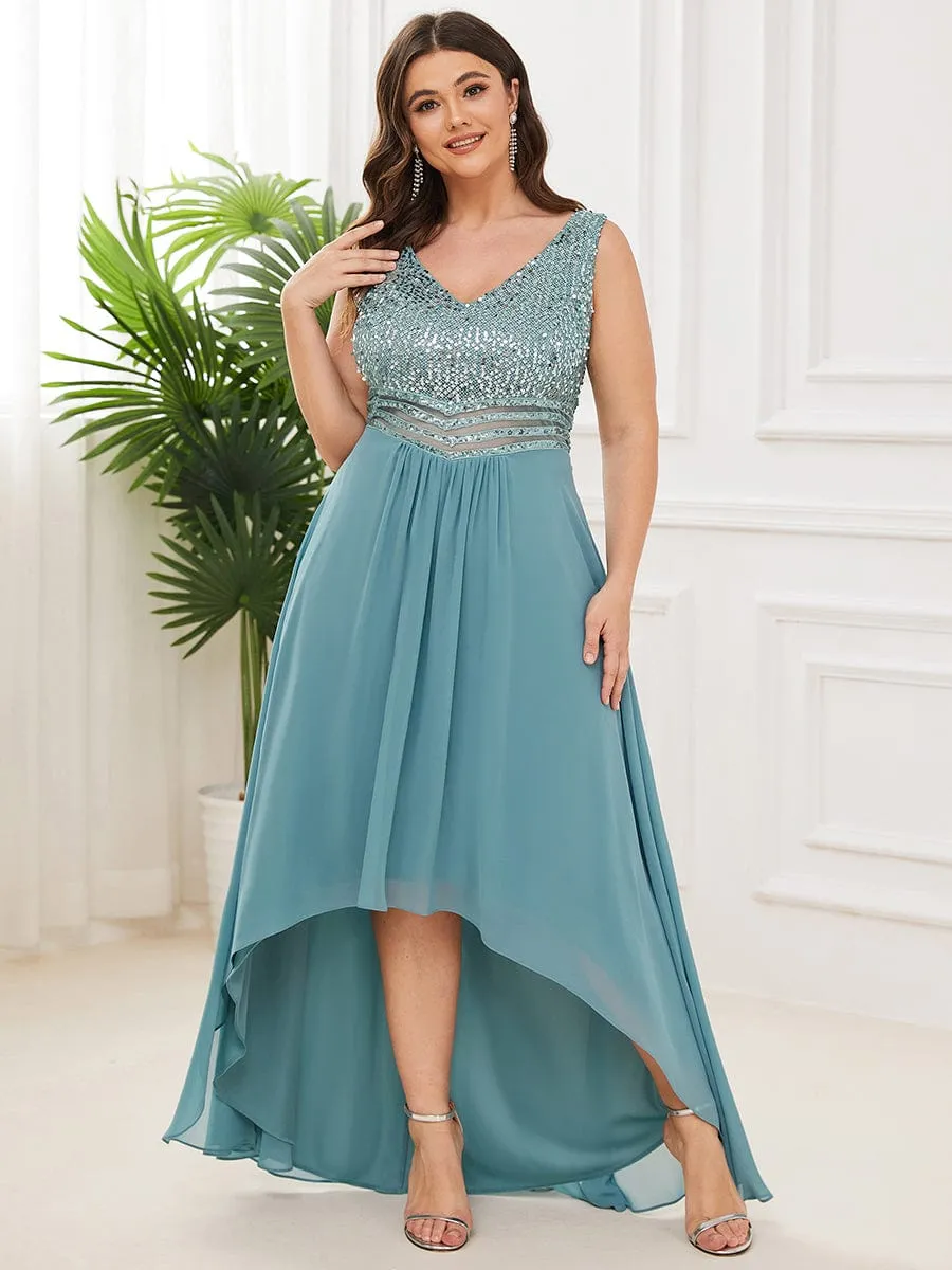 Elegant Paillette & Chiffon V-neck A-line Sleeveless Plus Size Formal Evening Dresses