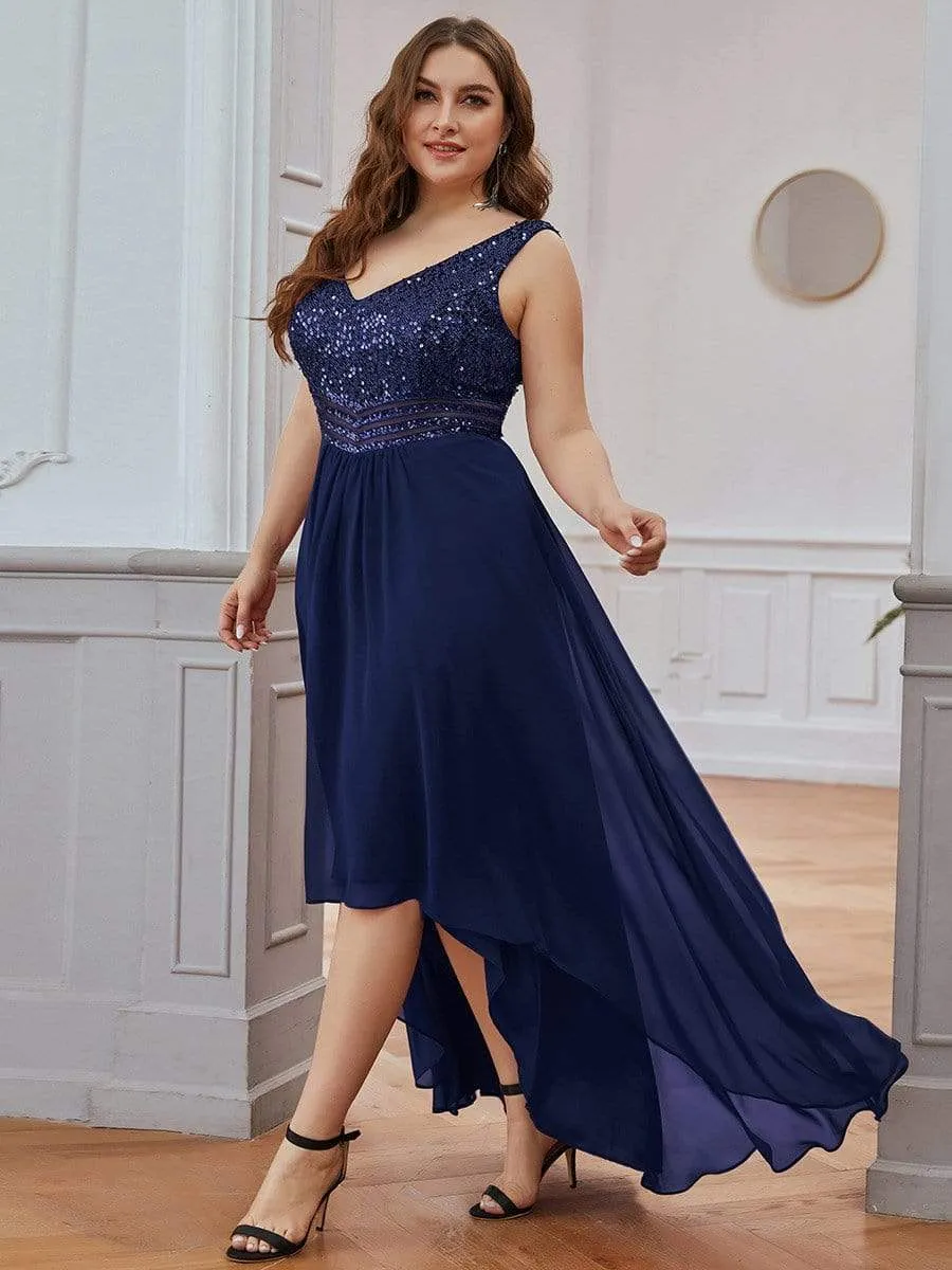 Elegant Paillette & Chiffon V-neck A-line Sleeveless Plus Size Formal Evening Dresses