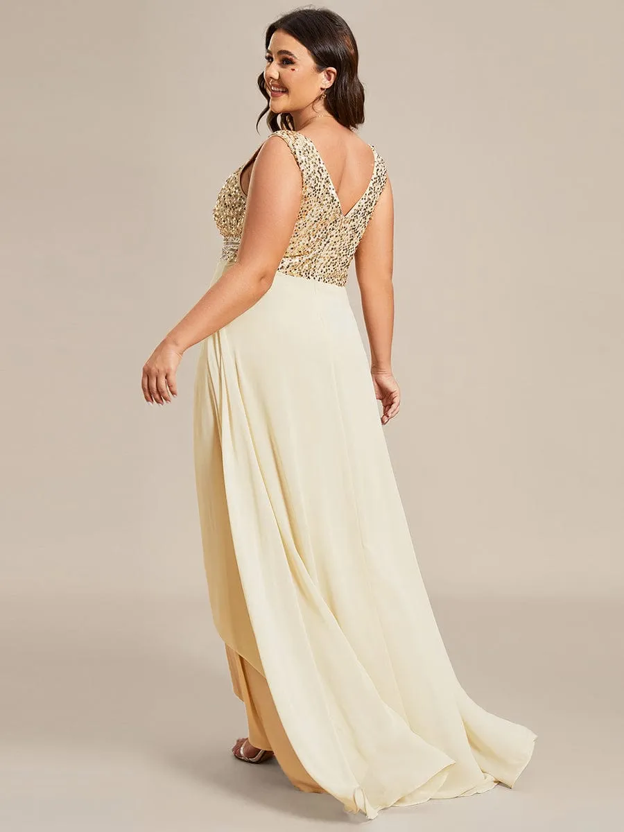 Elegant Paillette & Chiffon V-neck A-line Sleeveless Plus Size Formal Evening Dresses