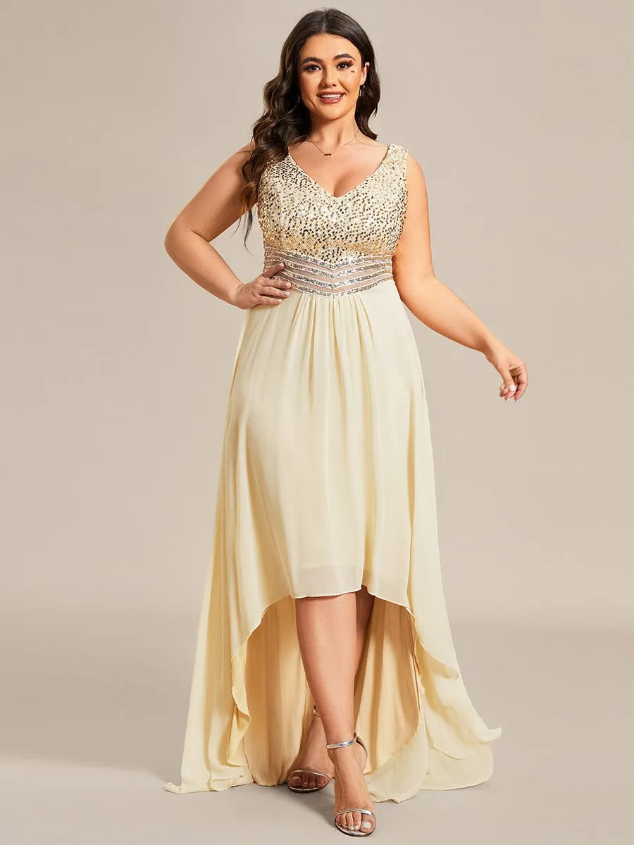 Elegant Paillette & Chiffon V-neck A-line Sleeveless Plus Size Formal Evening Dresses