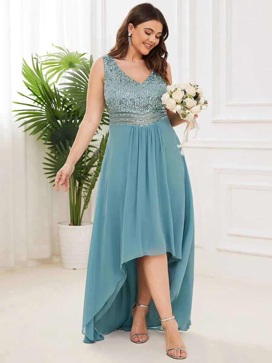 Elegant Paillette & Chiffon V-neck A-line Sleeveless Plus Size Formal Evening Dresses