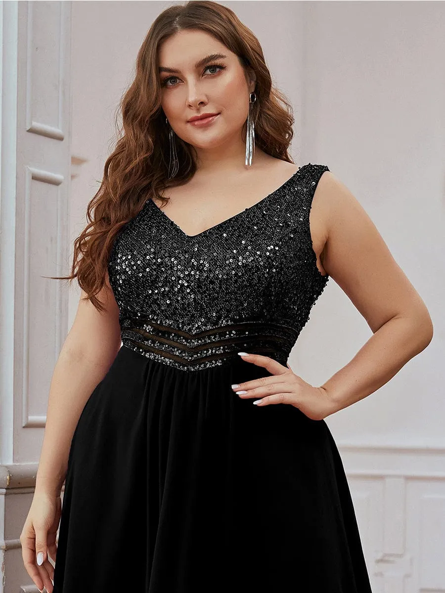 Elegant Paillette & Chiffon V-neck A-line Sleeveless Plus Size Formal Evening Dresses