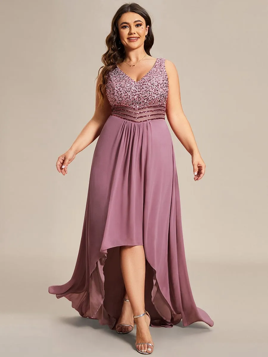 Elegant Paillette & Chiffon V-neck A-line Sleeveless Plus Size Formal Evening Dresses