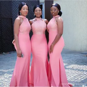 Elegant Pink Mermaid Halter Cheap Long Bridesmaid Dresses,WG1417