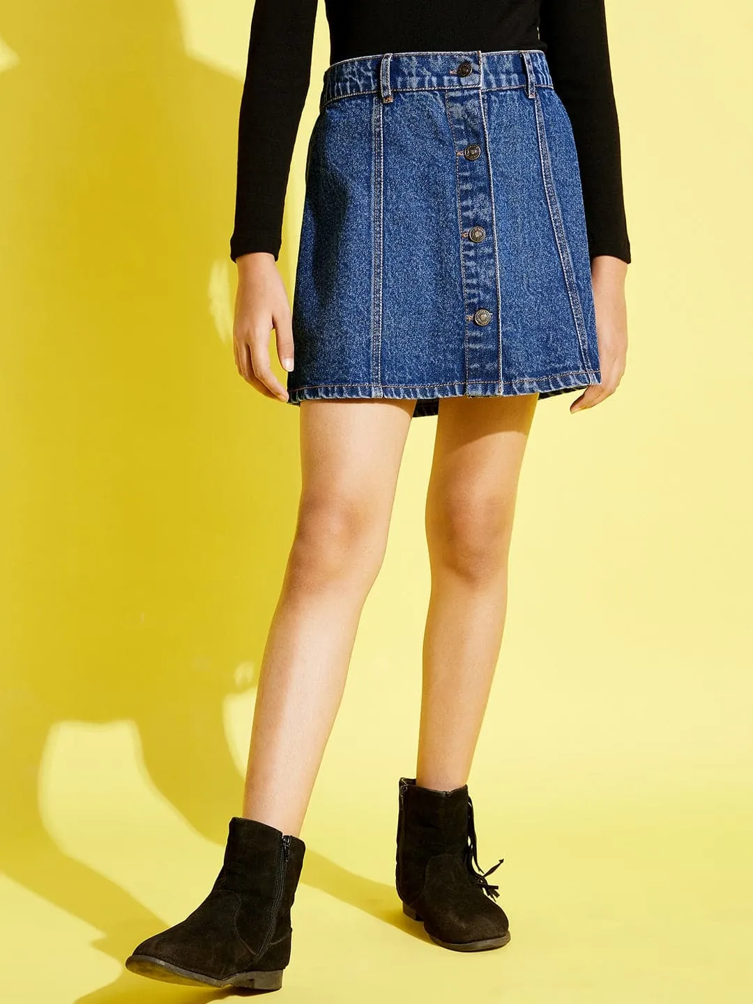 Girls Blue Front Button Denim Mini Skirt