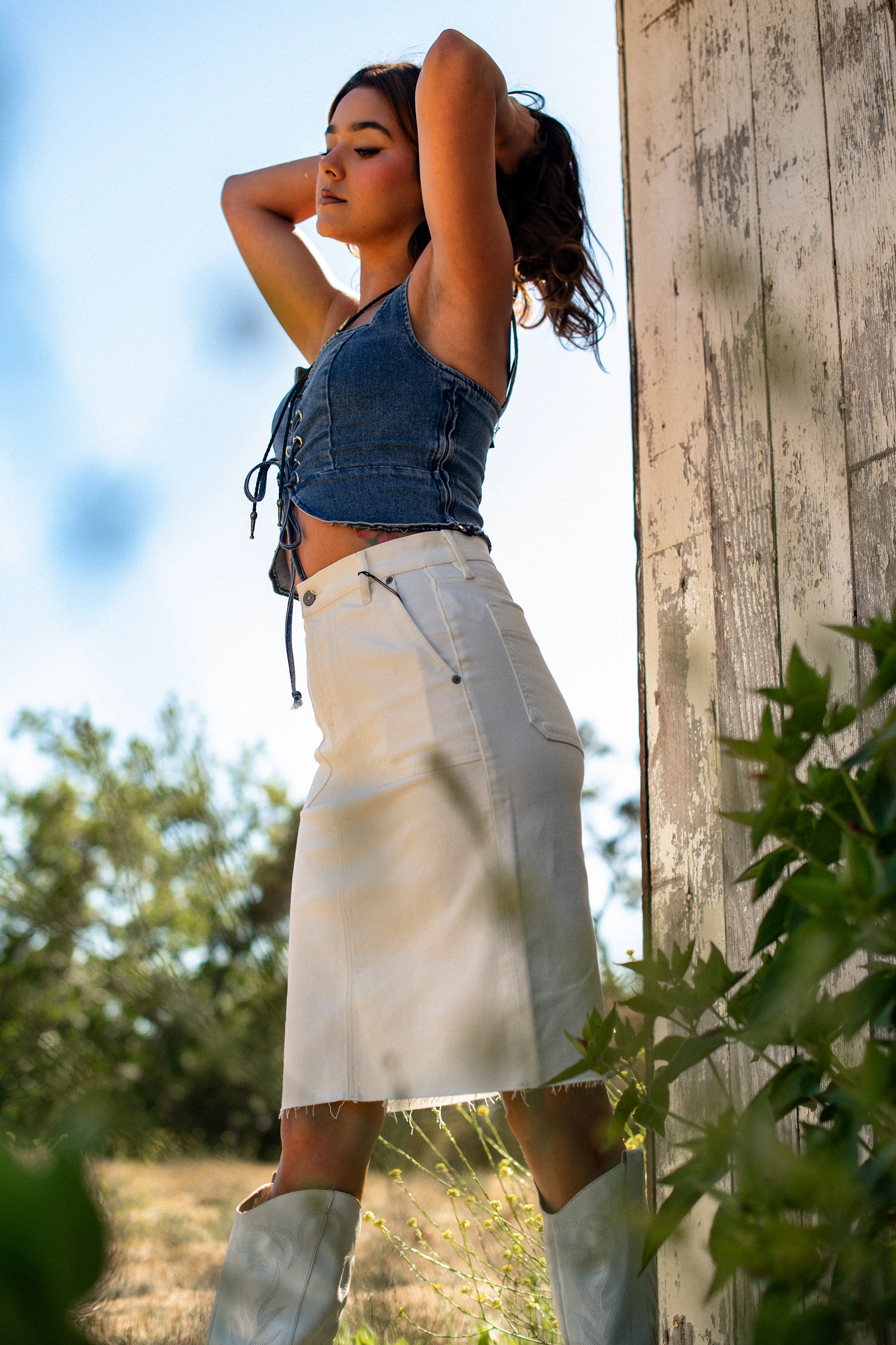 Hidden Peyton High Rise Midi Denim Skirt - Off White