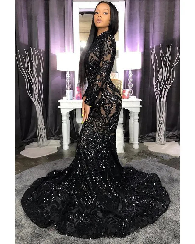 High Neck Shiny Appliques Black Girl Prom Dresses | Mermaid Long Sleeve Evening Gowns M0120