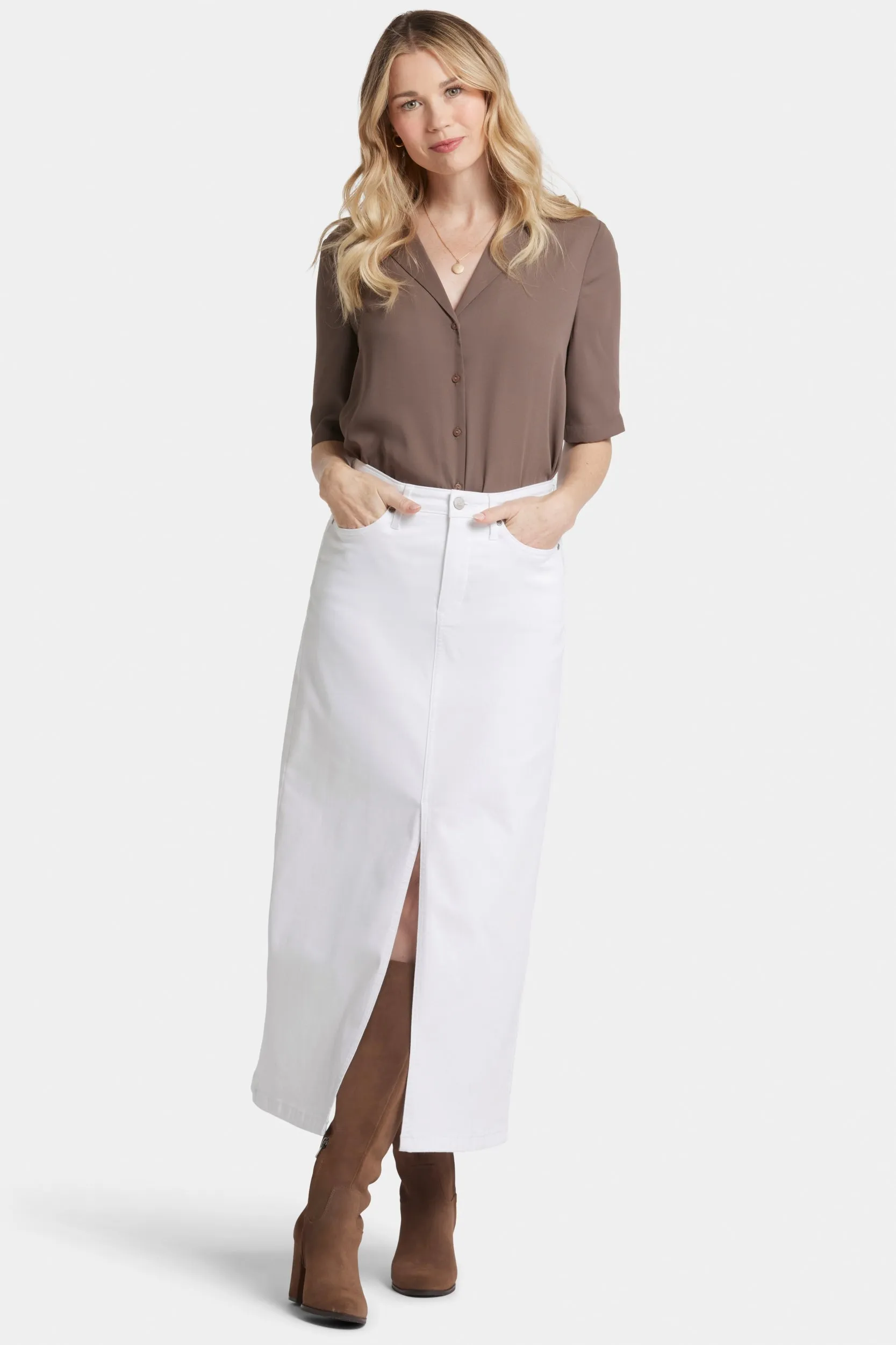 High Rise Long Skirt Wit Gekleurde Denim | Optic White