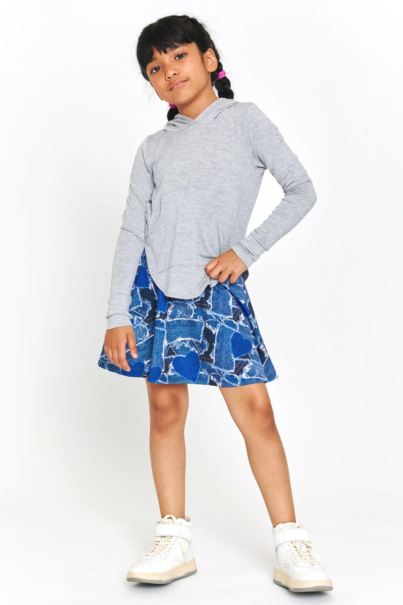 Kids Skater Skirt in Denim Heart Patchwork