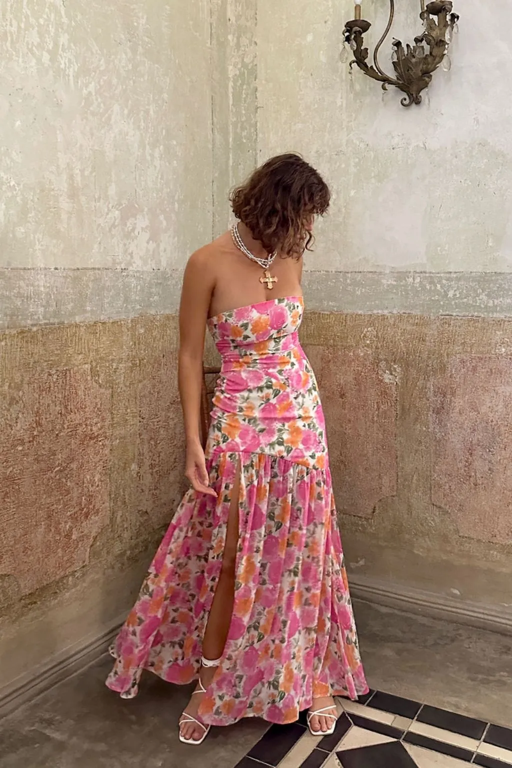 LaBelle Strapless Drop Waist Pink Floral Maxi Dress