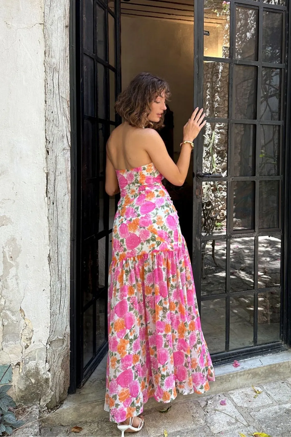 LaBelle Strapless Drop Waist Pink Floral Maxi Dress